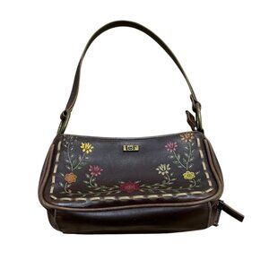 Vintage 1990s LEI Brown Leather Floral Shoulder Purse